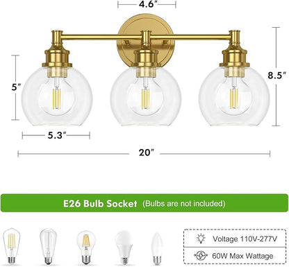Bathroom Light Fixtures, 3-Light Brushed Gold Vanity Light Globe Glass Shades, Bathroom Lighting Fixtures Over Mirror, Wall Sconces for Master Bathroom, Guest Bathroom, Powder Room, 20-inch