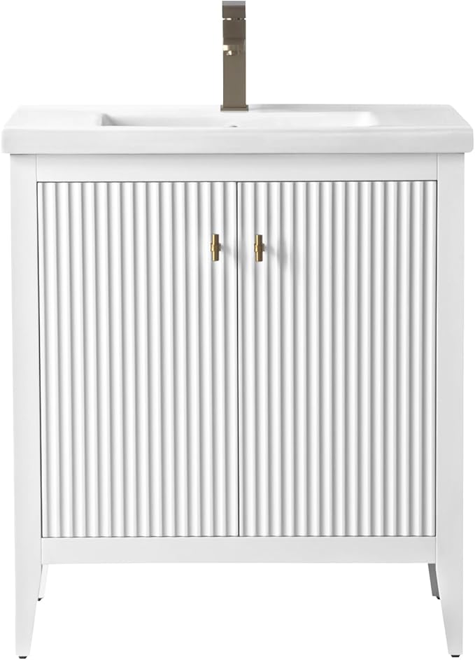 Vanity Art 30 inch Bathroom Vanity with Single Sink & Ceramic Top, Vanity Cabinet with Soft-Closing Door, Solid Wood Frame, Linear Pattern, White, Golden Brushed Handware VA9130-W-GB