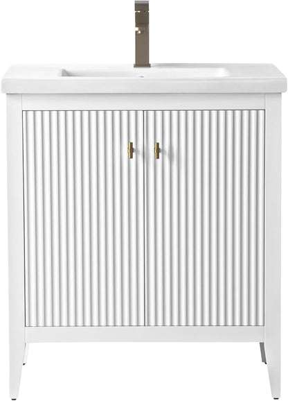 Vanity Art 30 inch Bathroom Vanity with Single Sink & Ceramic Top, Vanity Cabinet with Soft-Closing Door, Solid Wood Frame, Linear Pattern, White, Golden Brushed Handware VA9130-W-GB