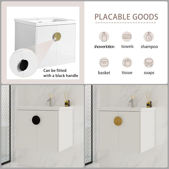 Floating Bathroom Vanity with Sink, 24" Wall-Mounted Vanity with Ceramic Basin & 2 Soft-Close Doors Cabinet, Small Bathroom Storage Cabinet with Metal Semi-Circle Handle, Gloss White