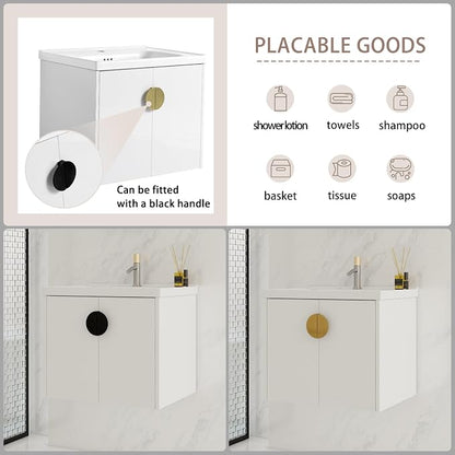 Floating Bathroom Vanity with Sink, 24" Wall-Mounted Vanity with Ceramic Basin & 2 Soft-Close Doors Cabinet, Small Bathroom Storage Cabinet with Metal Semi-Circle Handle, Gloss White