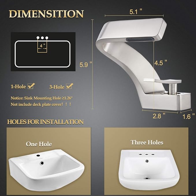 becola Bathroom Sink Waterfall Faucet,Solid Brass Single Handle Hot and Cold Water Mixer Tap, Lavatory Vanity Sink Faucet Including Two US Standard 3/8" Hoses(Brushed Nickel)