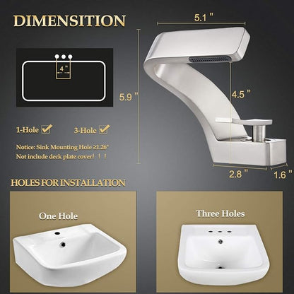 becola Bathroom Sink Waterfall Faucet,Solid Brass Single Handle Hot and Cold Water Mixer Tap, Lavatory Vanity Sink Faucet Including Two US Standard 3/8" Hoses(Brushed Nickel)