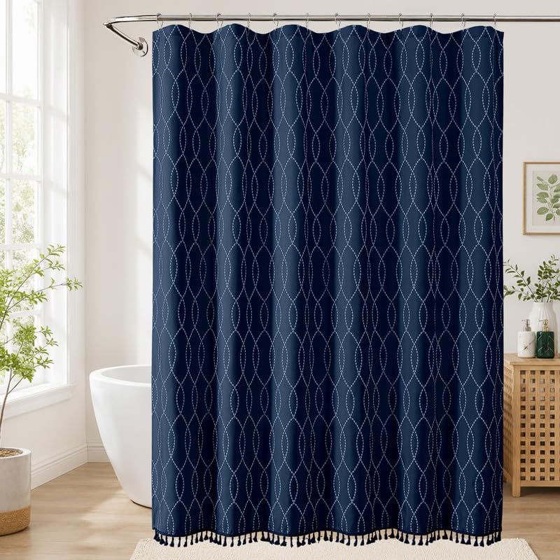 OVZME Extra Long Navy Blue Shower Curtain 96 Inch Long, Puff Printed Textured Shower Curtain with Tassels, Tall Farmhouse Geometry Bathroom Curtain, Water Resistant Fabric, 72Wx96L Inches