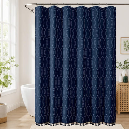 OVZME Extra Long Navy Blue Shower Curtain 96 Inch Long, Puff Printed Textured Shower Curtain with Tassels, Tall Farmhouse Geometry Bathroom Curtain, Water Resistant Fabric, 72Wx96L Inches