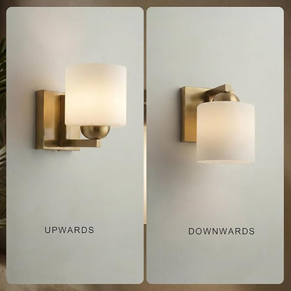 mirrea 1-Light Brushed Gold Bathroom Vanity Light with White Glass Shade | Over Mirror,Wall Sconce,ETL listed,Bathroom Lighting Fixtures,Elegant Design,Milk White Glass Shade,Easy Installation