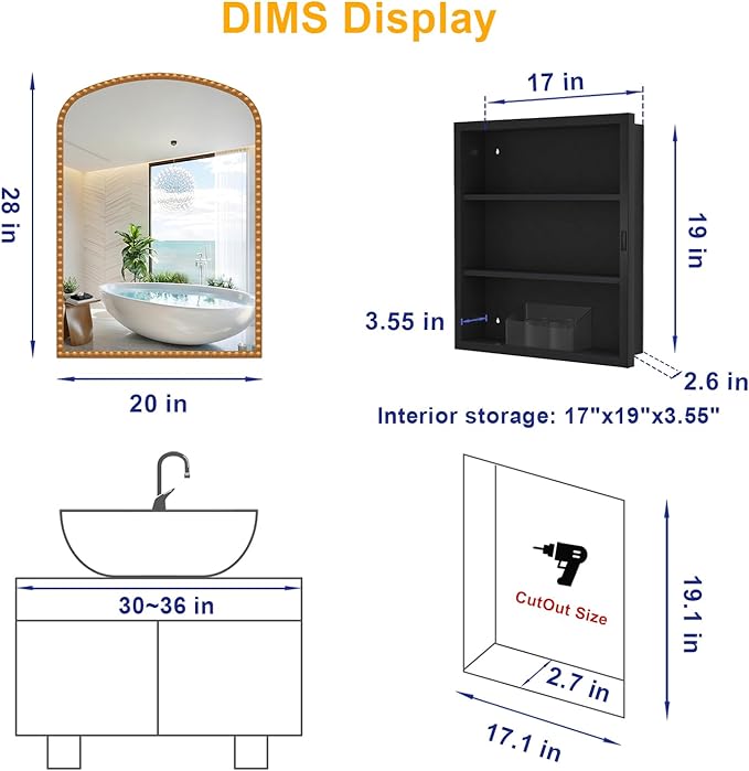Bathroom Medicine Cabinet with Mirror, Wall Mount or Recessed Bathroom Mirror with Storage, Full-Metal 2 Adjustable Shelves and 1 Cabinet Organizer, Modern and Luxury Daisy Decor Bling Gold 20x28 Inch