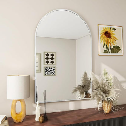 BEAUTYPEAK 20"x30" Arch Bathroom Wall Mirror, Silver | Wall Mounted Vanity Metal Frame Mirror for Bedroom, Entryway, Living Room, Fireplace