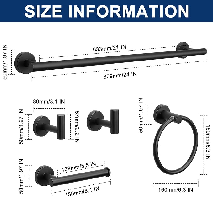NearMoon 10 Pieces Bathroom Hardware Set SUS304 Thicken Stainless Steel-Towel Rack Kit Include 24" Towel Rod + Bath Towel Ring + Toilet Paper Holder + Robe Towel Hooks Bath Accessories (Matte Black)