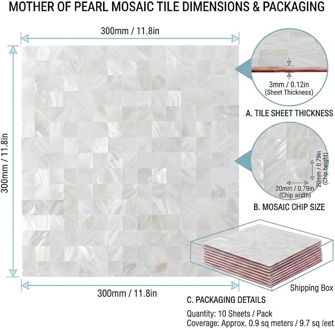10-Sheet Solid Pure White Mother of Pearl Peel and Stick Backsplash Tiles | Shell Peel and Stick Wall Panels, 12×12" Waterproof Mosaic Tiles, Square Self-adhesive Backsplash for Kitchen, Bathroom