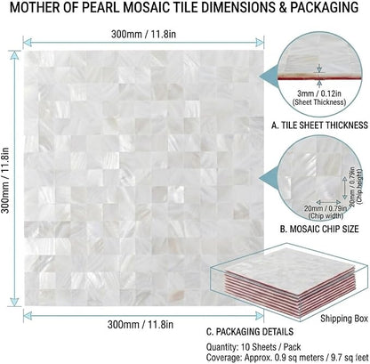 10-Sheet Solid Pure White Mother of Pearl Peel and Stick Backsplash Tiles | Shell Peel and Stick Wall Panels, 12×12" Waterproof Mosaic Tiles, Square Self-adhesive Backsplash for Kitchen, Bathroom