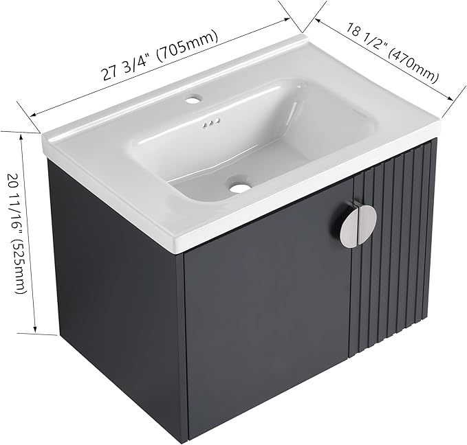 Malwee 28" Floating Bathroom Vanity with Sink, 28 Inch Single Sink Wall Mounted Bathroom Vanity, with 2 Doors and White Ceramic Basin Top, Black Cabinet Set with 3 Color Handles (081-28)
