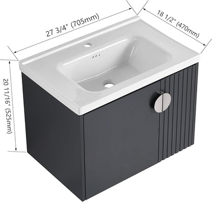 Malwee 28" Floating Bathroom Vanity with Sink, 28 Inch Single Sink Wall Mounted Bathroom Vanity, with 2 Doors and White Ceramic Basin Top, Black Cabinet Set with 3 Color Handles (081-28)