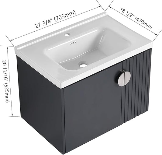 Malwee 28" Floating Bathroom Vanity with Sink, 28 Inch Single Sink Wall Mounted Bathroom Vanity, with 2 Doors and White Ceramic Basin Top, Black Cabinet Set with 3 Color Handles (081-28)