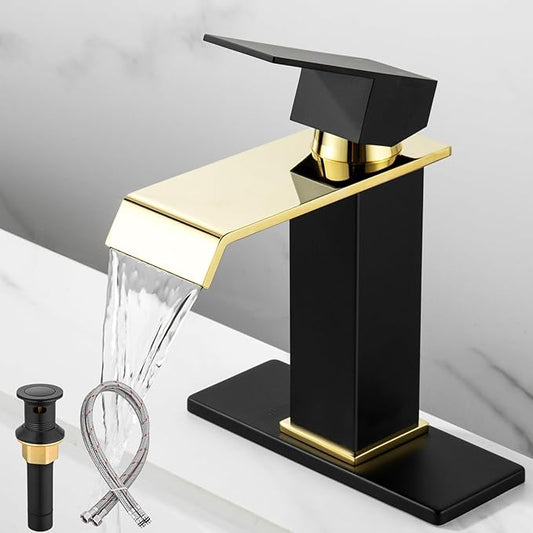 Bathroom Sink Faucet, Black and Gold Color, Waterfall Style, SUS304 Stainless Made, Single-Handle, Deck-Mount Suitable for 1-3-Hole, Drain and Supply Hoses Included