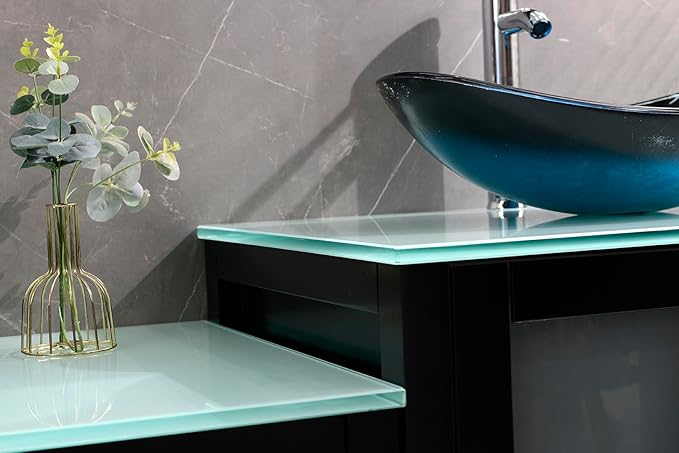 76" Freestanding Wooden Modern Bathroom Vanity with Double Vessel Sink Set Bathroom Mirror Included (Black, Art Sink)