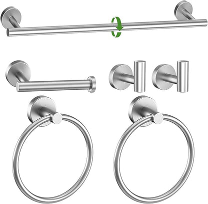 6-Piece Towel Bar Set Brushed Nickel Bathroom Hardware Accessories Set Includes 23.6in Towel Bar 2 Round Towel Ring Stainless Steel Wall-Mounted