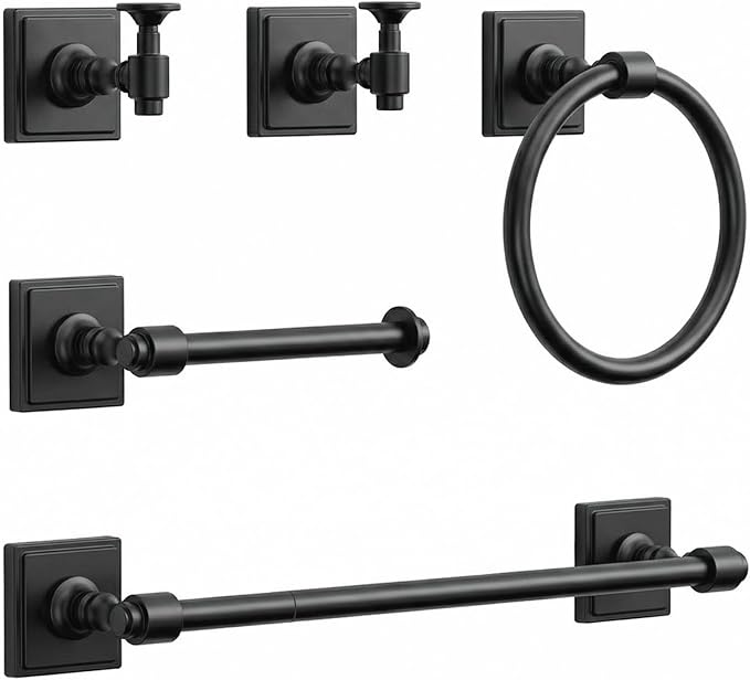 VEHCIL Matte Black Bathroom Towel Bar Set, 5 Piece Bathroom Hardware Accessory Set, SUS304 Stainless Steel 24" Towel Rack Holder Set for Bathroom, Wall Mounted