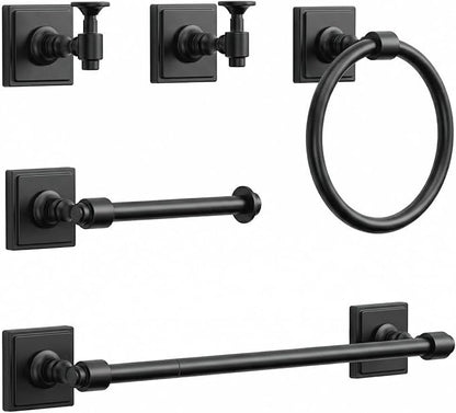 VEHCIL Matte Black Bathroom Towel Bar Set, 5 Piece Bathroom Hardware Accessory Set, SUS304 Stainless Steel 24" Towel Rack Holder Set for Bathroom, Wall Mounted