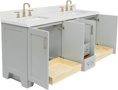 ARIEL Taylor 72-inch Bathroom Vanity with Sink,Solid Wood, 1.5-inch Carrara White Quartz Countertop & Backsplash, Double Rectangular Porcelain Sink, 4 Soft Closing Doors, 6 Dovetail Drawers, Grey