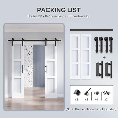 Double 21×84 Inch Glass Barn Door Slab and 7ft Hardware Kit Included, 3 Frosted Glass, LVL Wood Panel Covered with White Water-Proof Scratch-Proof PVC Surface, Simple DIY Assembly