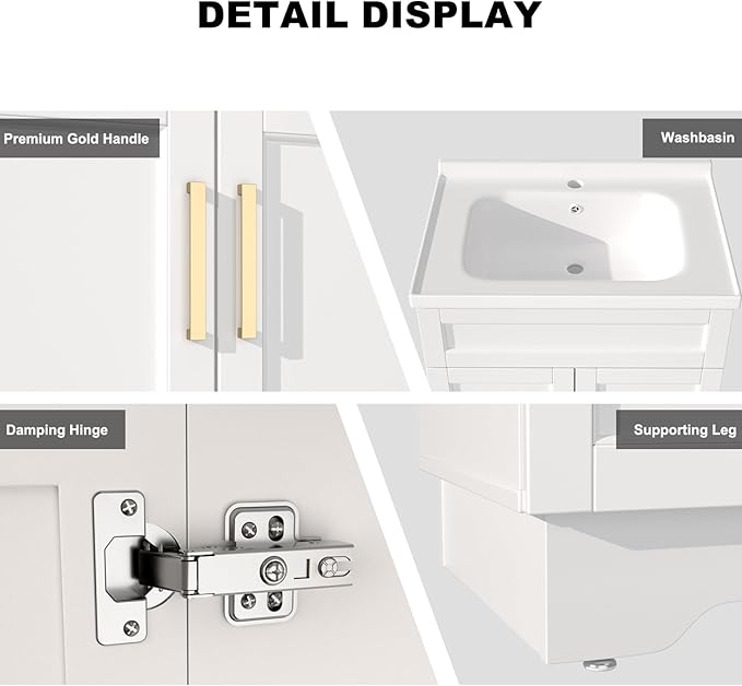 OLD CAPTAIN Bathroom Vanity with Ceramic Sink, Wooden Double Door Bathroom Storage Vanity with 24 Inch, Small Quick Assembly Bathroom Cabinet (White)