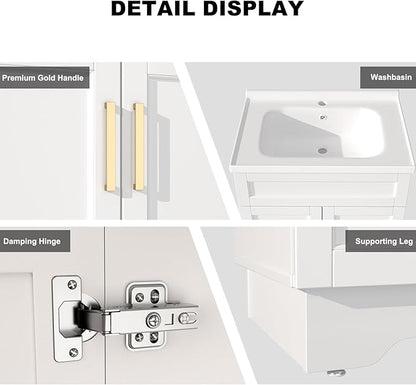 OLD CAPTAIN Bathroom Vanity with Ceramic Sink, Wooden Double Door Bathroom Storage Vanity with 24 Inch, Small Quick Assembly Bathroom Cabinet (White)