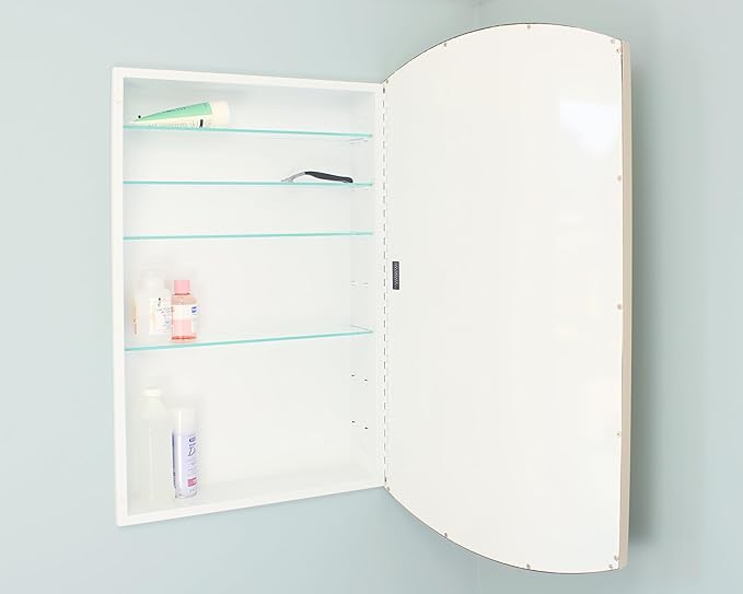 Fox Hollow Furnishings 20x30 Harper Crescent Metal Framed Rectangle Recessed Bathroom Medicine Cabinet, Arced Mirror, 14x18 in-Wall Opening, Adjustable Glass Shelves, Magnet Close, Chrome