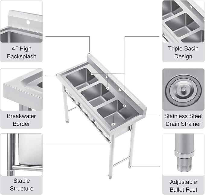 NSF Stainless Steel 3 Compartment Commercial Sink 11x10x10 Inch Basins, Kitche Station Utility Sink for Restaurant Bar Home Laundry Room Garage