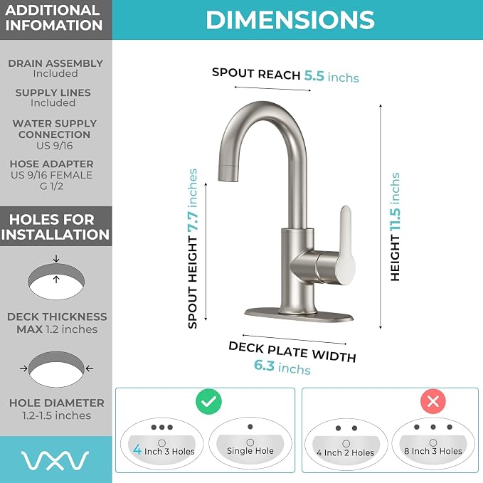 VXV Bathroom faucets Single Handle 360° Swivel Gooseneck Spout Optional Deckplate Bar Sink Faucet with Pop-up Drain and Hoses Brushed Nickel