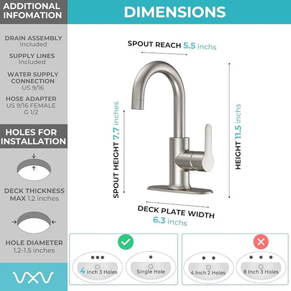 VXV Bathroom faucets Single Handle 360° Swivel Gooseneck Spout Optional Deckplate Bar Sink Faucet with Pop-up Drain and Hoses Brushed Nickel