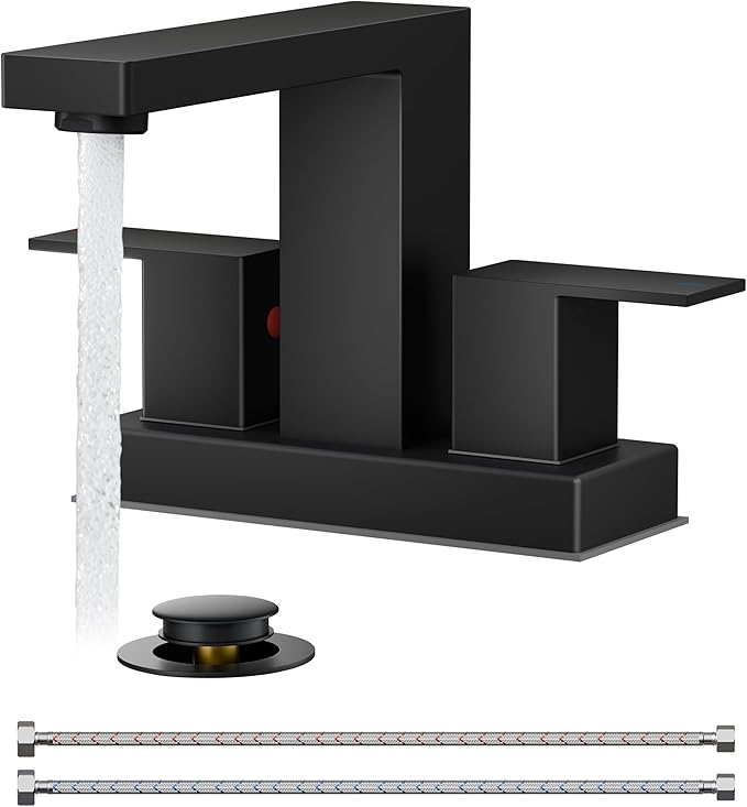 QFN 4 Inch Centerset Bathroom Faucets, Matte Black 2 or 3 Hole Square Bathroom Sink Faucet with Pop-Up Drain and cUPC Supply Line, 2 Handles Suitable for Bath Sink, Vanity, Restroom