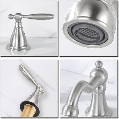 RKF Bathroom Faucets for Sink 3 Brushed Nickel 8 inch Widespread Bathroom Sink Faucet with Drain Double Lever Handle Faucet Bathroom Vanity Faucet Basin Mixer Tap WF013-BN