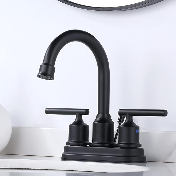 WOWOW Black Centerset Bathroom Faucet - 2 Handle 4 Inch Basin 3 Hole Modern Vanity Sink Faucet for RV With Lift Rod Drain Stopper and Supply Hoses
