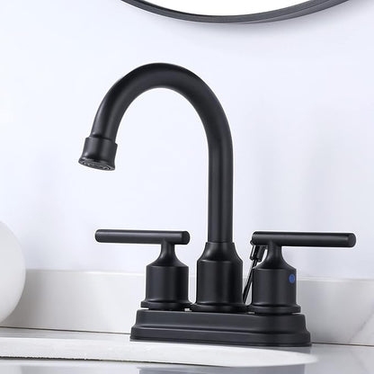 WOWOW Black Centerset Bathroom Faucet - 2 Handle 4 Inch Basin 3 Hole Modern Vanity Sink Faucet for RV With Lift Rod Drain Stopper and Supply Hoses