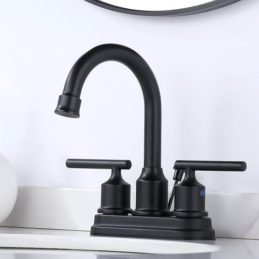 WOWOW Black Centerset Bathroom Faucet - 2 Handle 4 Inch Basin 3 Hole Modern Vanity Sink Faucet for RV With Lift Rod Drain Stopper and Supply Hoses