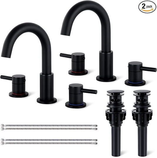 Bathroom Faucet 3 Hole, Matte Black Bathroom Sink Faucet with Pop Up Drain, 8 Inch Widespread Bathroom Faucet with 360° Swivel Spout, 2 Handle Vanity Faucet with Water Supply Hoses (2 Pack)