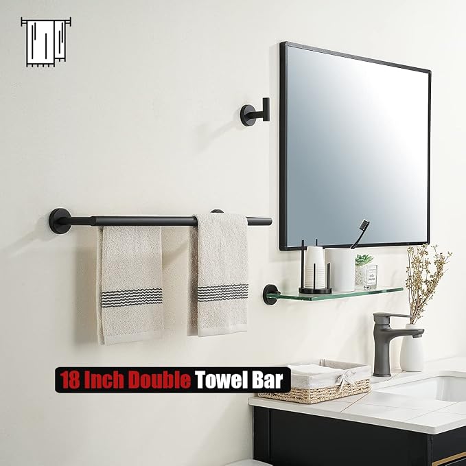 JQK Black Double Towel Bar, 20.5 Inch 304 Stainless Steel Thicken 0.8mm Towel Rack Bathroom, Towel Holder Matte Black Wall Mount, Useable Length 18 Inch 2 Pack, TB100L18-PB-P2