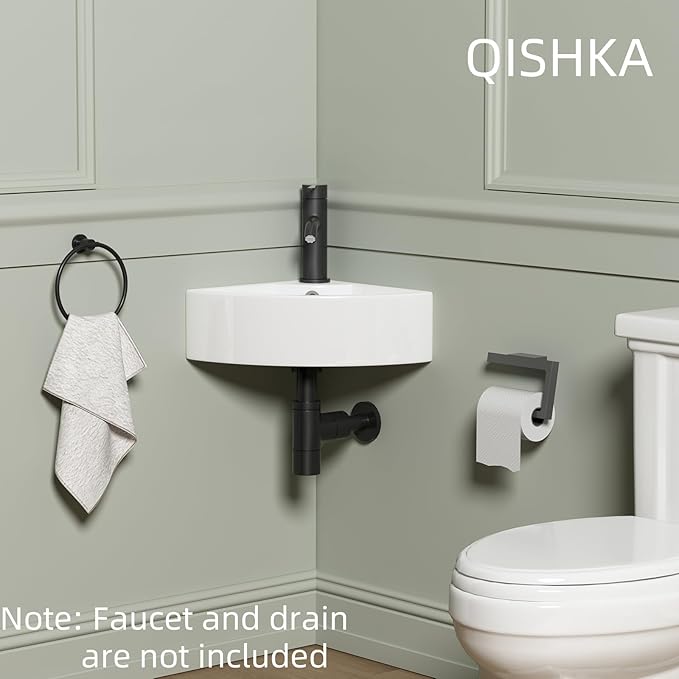 Wall Mount Corner Bathroom Sink, QISHKA 13" X 13" Triangle Floating Ceramic Wash Hand Basin Small White Wall Mount Vanity Sink with Single Faucet Hole and Overflow