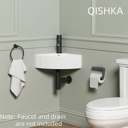 Wall Mount Corner Bathroom Sink, QISHKA 13" X 13" Triangle Floating Ceramic Wash Hand Basin Small White Wall Mount Vanity Sink with Single Faucet Hole and Overflow