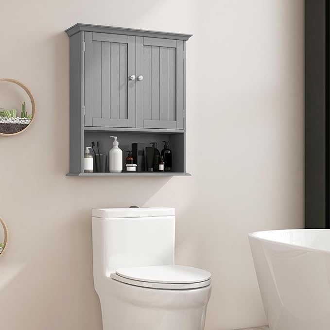 Giantex Wall Mounted Medicine Cabinets - Above Toilet Bathroom Cabinet with Adjustable Shelf, Open Shelf, Over The Toilet Space Saver Storage Cabinet for Laundry Room, Kitchen, Cupboard (Gray)