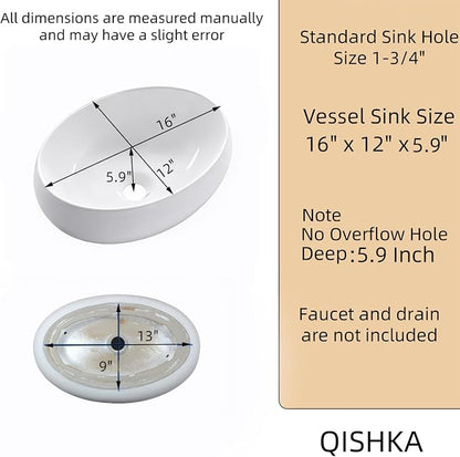 16 Inch Oval Bathroom Sink Above Counter, QISHKA 16" x 12" Ceramic Countertop Vessel Sink, White Modern Egg Shape Bowl Sink Hand Wash Basin