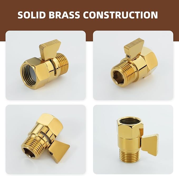 Angle Simple Shower Flow Control Valve, Water Shut Off Valve, Polished Gold | Brass Water Flow Restrictor, G 1/2 Pressure Reducer for Handheld Shower Head or Bidet Sprayer