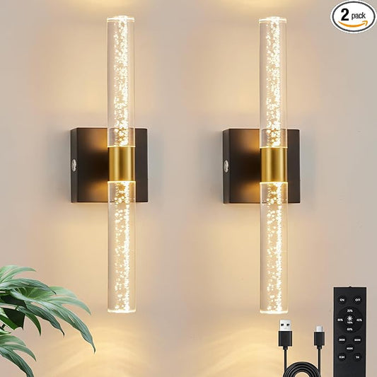 Battery Operated Wall Sconces Set of Two, Rechargeable Modern Crystal Bathroom Sconces, 3000K-6000K Dimmable Gold LED Wireless Wall Lights for Vanity Bedroom Living Room Hallway（Black Gold）