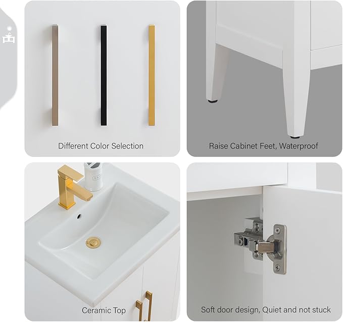 HomeBeyond 24 Inch Bathroom Vanity with Sink & Ceramic Top, Single Vanity Cabinet with Basin, Soft-Closing Doors & Matte Black Hardware, White