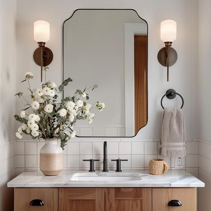 Bathroom Vanity Mirror, 24x36 Inch Matte Black Mirror, Modern Rectangle Mirrors for Bathroom, Asymmetrical Wall Mirror with Scalloped Round Corner