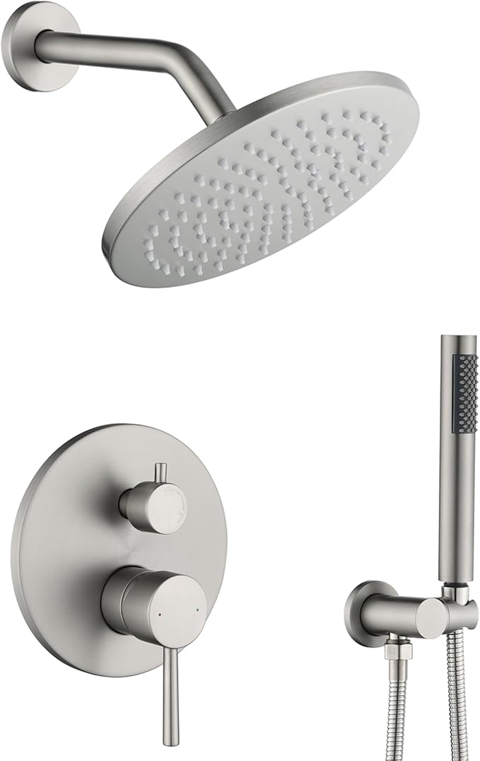 Shower System, All Metal Shower Faucet Set, Brushed Nickel | 8" Rainfall Shower Head and Handheld Spray Combo, Round Shower Head and Handle Set with Valve and Trim Kit