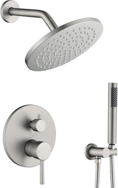 Shower System, All Metal Shower Faucet Set, Brushed Nickel | 8" Rainfall Shower Head and Handheld Spray Combo, Round Shower Head and Handle Set with Valve and Trim Kit
