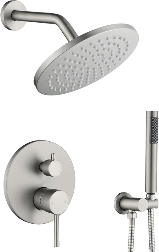 Shower System, All Metal Shower Faucet Set, Brushed Nickel | 8" Rainfall Shower Head and Handheld Spray Combo, Round Shower Head and Handle Set with Valve and Trim Kit
