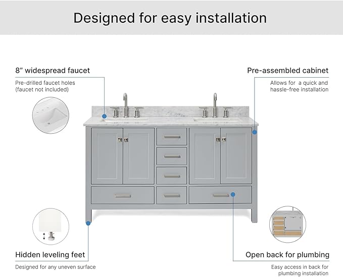 ARIEL Cambridge 60-inch Bathroom Vanity with Sink,Solid Wood, 0.75-inch Italian Carrara Marble Countertop, Double Rectangular Porcelain Sink, 4 Soft Closing Doors, 6 Dovetail Drawers, Grey